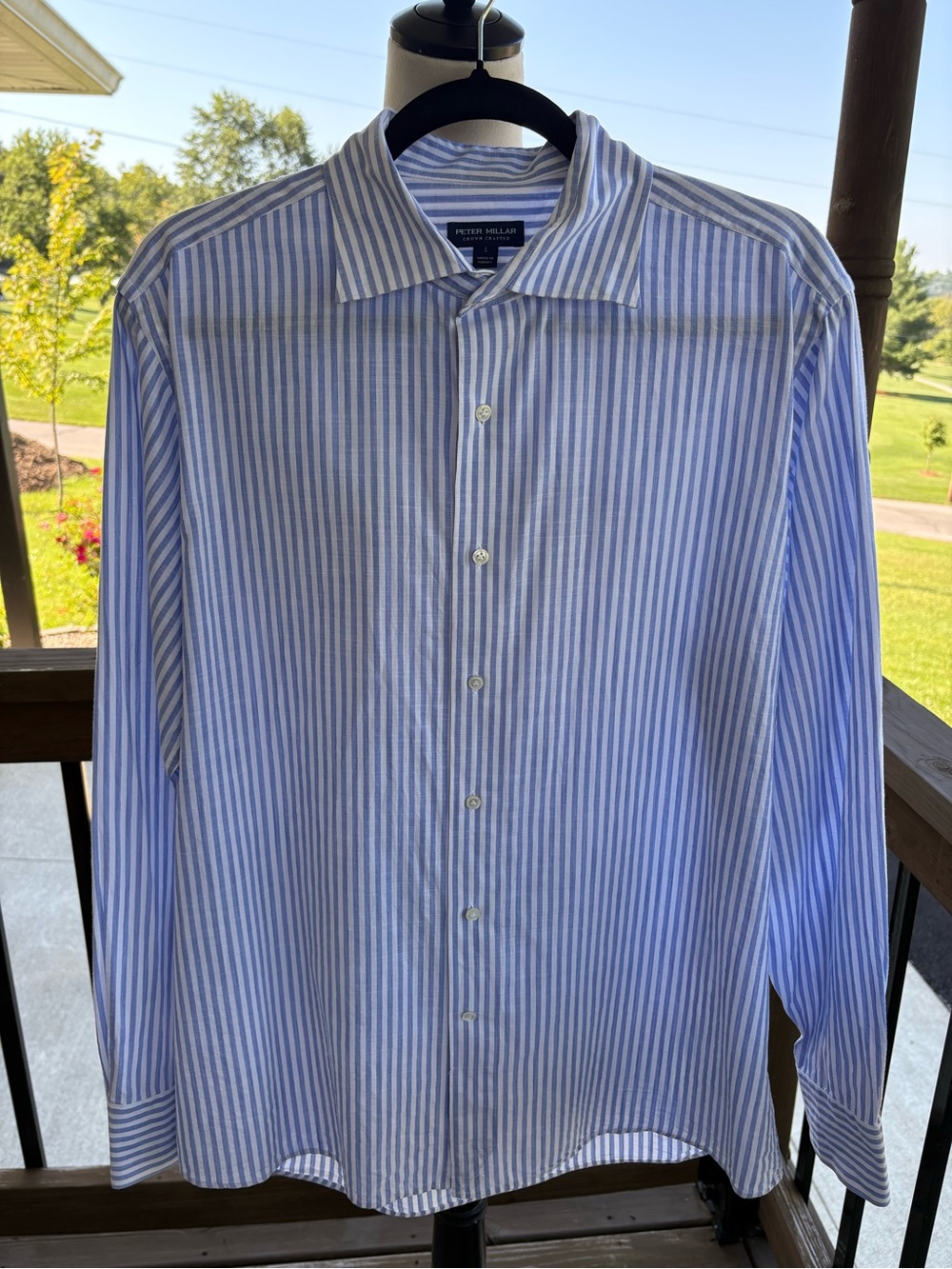 Peter Millar Crown Crafted Flex Finish Blue White Striped Dress Shirt Large